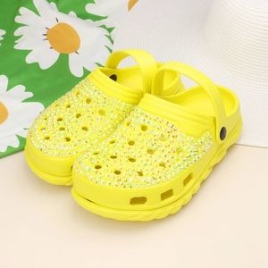 Yellow Bling Rhinestone Crystal Slip On Croclike Slides Rubber Clog Sandals